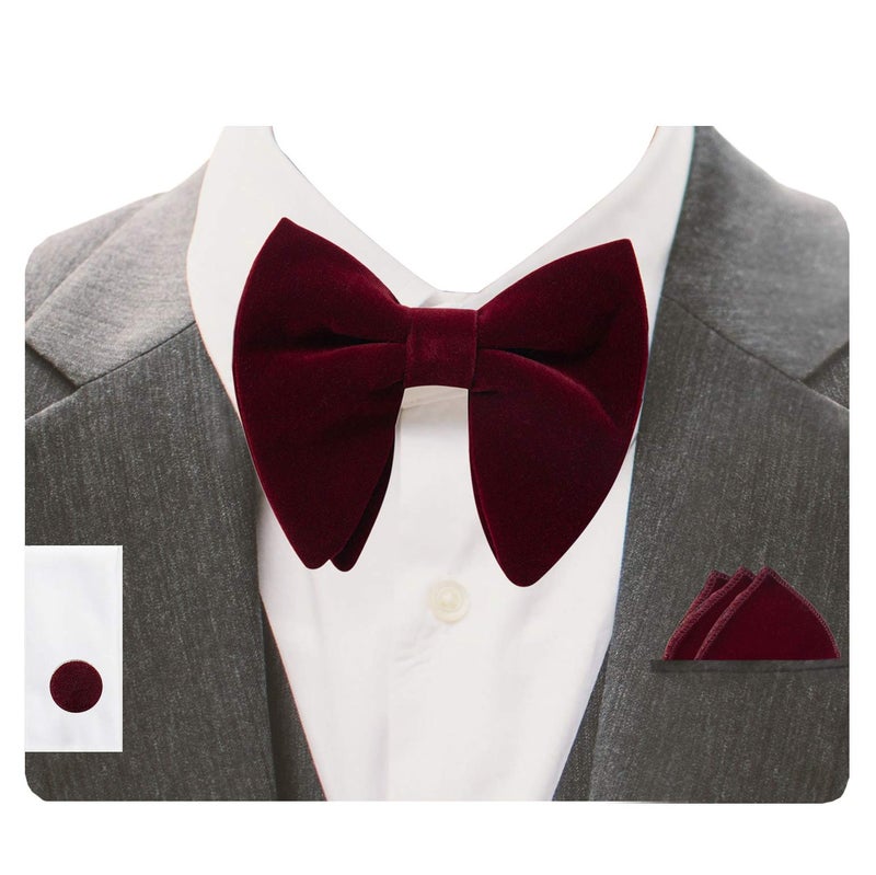 GUSLESON Mens Wedding Bow Tie and Pocket Square Cufflink Sets Velvet Pre-tied Burgundy Wine Bow Ties (0571-14) - Image 1